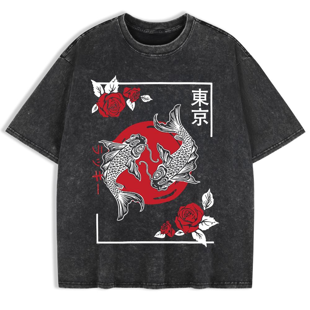 Tokyo Koi Fish Rose Harajuku Washed T-Shirts Mens Cotton Short Sleeve Tops Street O-Neck Oversize T Shirt Summer Clothes