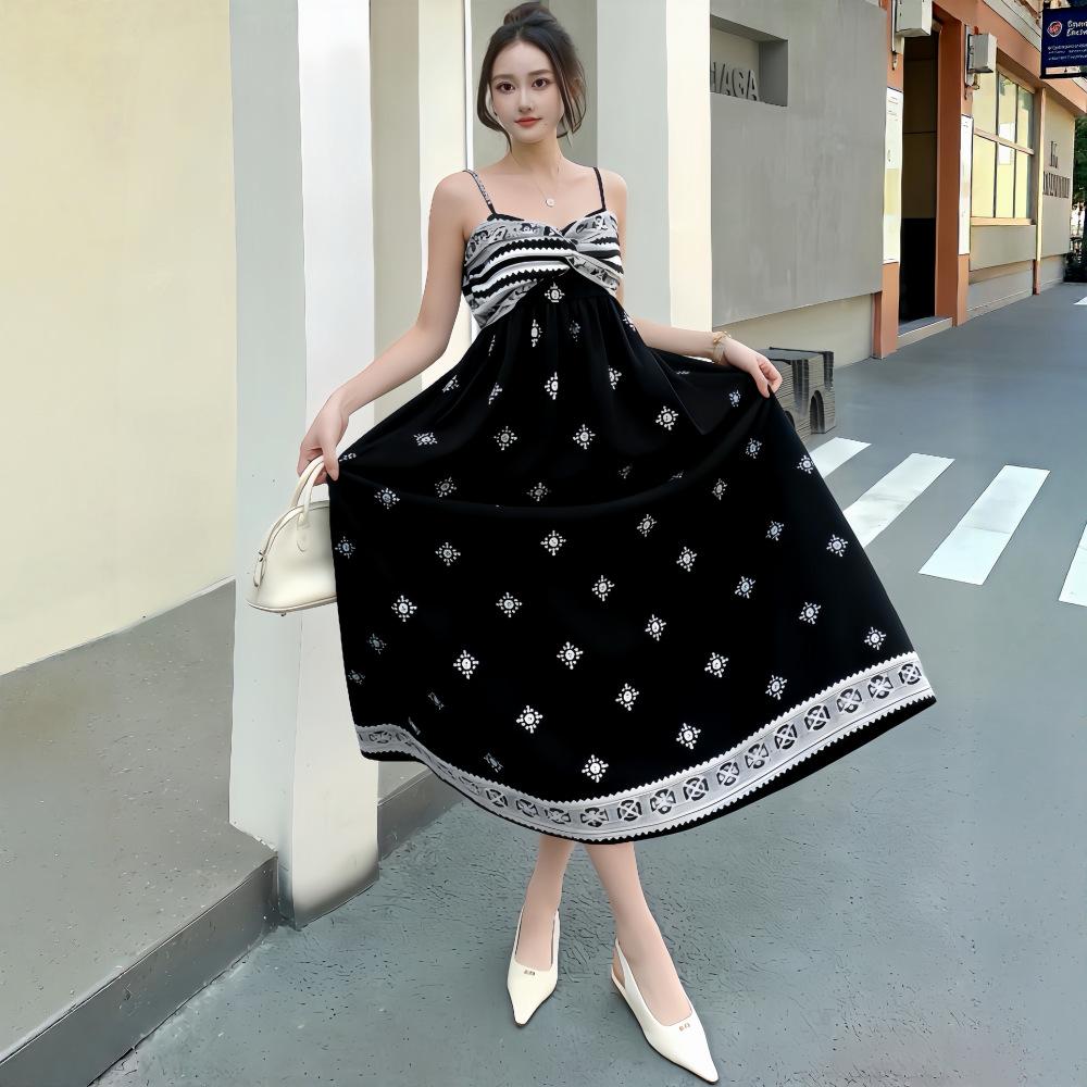 

Womens Boho Geometric Print Maxi Dress Spaghetti Strap Twist Front Casual Summer Vacation Dress One size чёрный