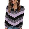 Women's Fashion V-Neck Button-Up T-Shirt With Patchwork Print Long-Sleeved Top