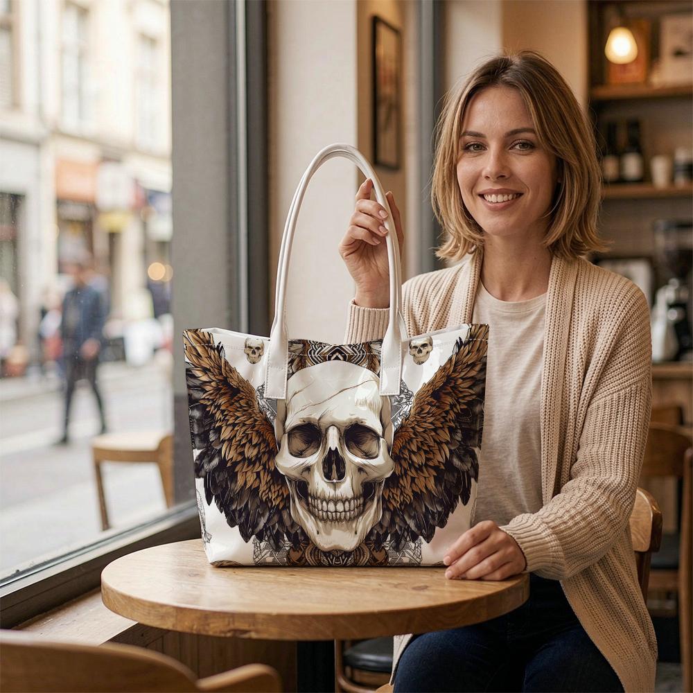 Gothic Skull Wings Print Tote Bag Fashion Daily Shopping Shoulder Bag for Street Casual Wear