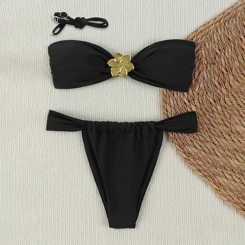 

Metal Flower Split Swimsuit Women s Sexy Bikini Hot Beach S чёрный