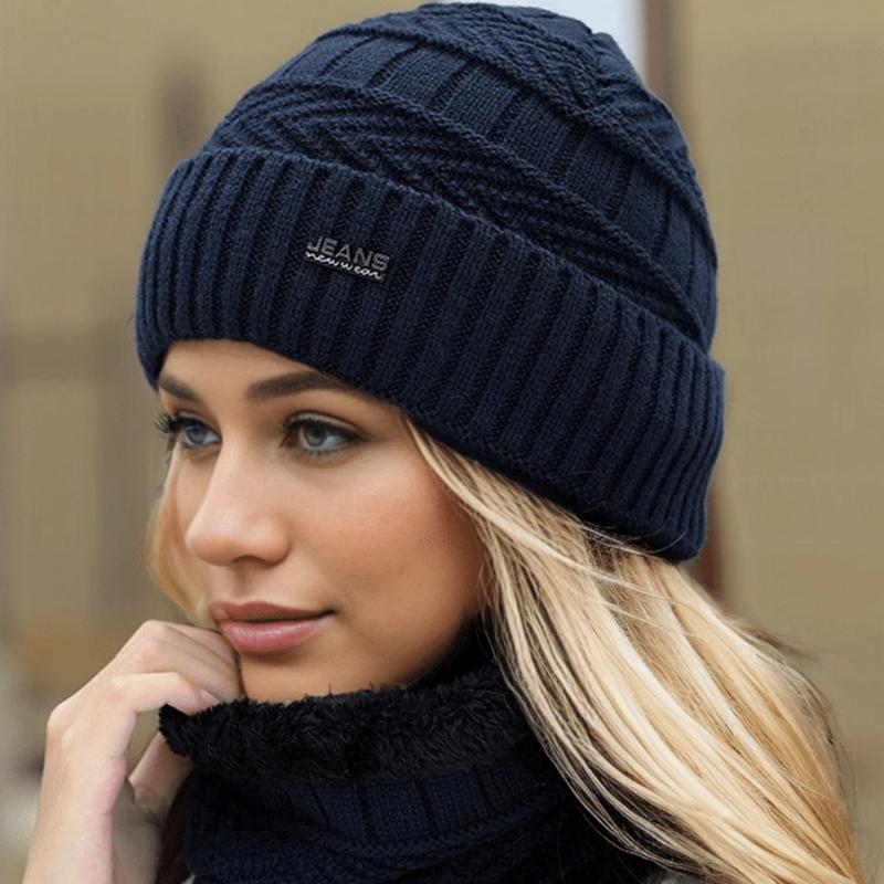 1 Stück Damen/Herren Einfarbiges Thermofutter Strickmütze & Halswärmer Set, Geeignet für Outdoor-, Straßen- und Alltagsgebrauch im Herbst/Winter