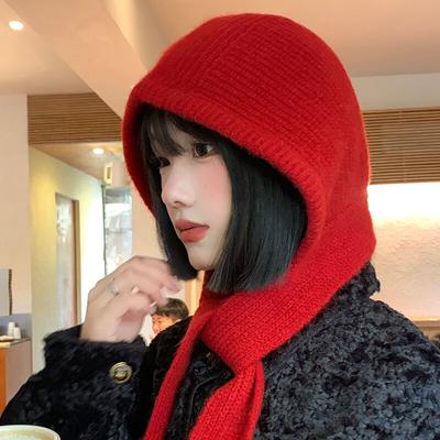 Red Balacrafa Cap for Women's Autumn and Winter Warmth Thickened Knitted Cap  Scarf  One Piece Ear Protecting Woolen Cap  Trendy