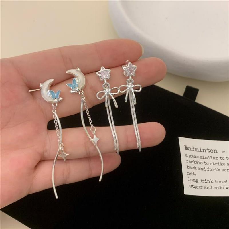Exquisite Crystal Moon Butterfly Drop Earrings For Women Korean Fashion Star Bowknot Tassel Earrings Wedding Party Jewelry Gifts