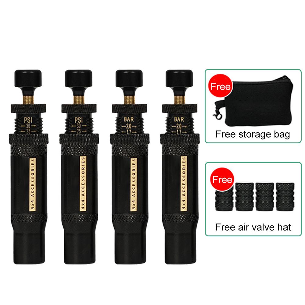 4pcs Adjustable Auto-Stop Tire Deflator Valve Kits Precision Tire Pressure Reduction Tool Quick Pressure Reducing Valves PSI/BAR