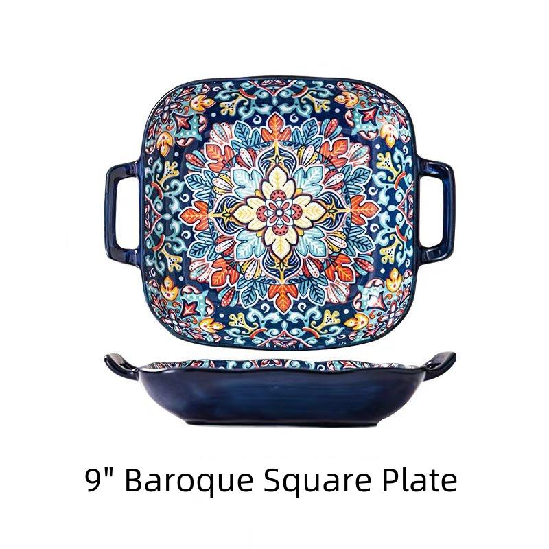 Hand-painted Bohemian Ceramic Baking Dish Square with Handles For Pasta and Desserts Suitable for Oven and Microwave.