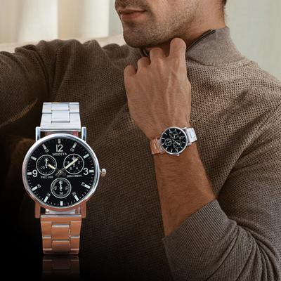 Men Quartz Watch Round Dial Alloy Three Small Dials No Delay Alloy Strap Time-checking High Accuracy Wristwatch Business Commute Timepiece