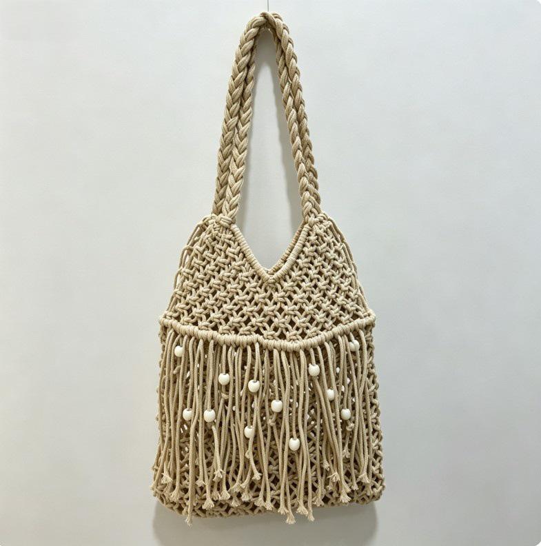 Forest-Inspired Tassel Woven Tote: Wooden Beads, Cotton Thread, Multi-Color Options, Customizable for Beach Vacations