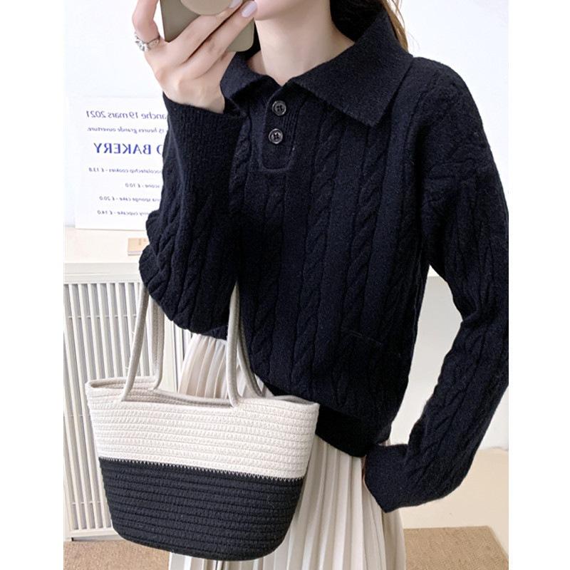 Women's Sweater POLO Collar Autumn and Winter Vintage Loose Pullover Sweater Knitted Top for Women