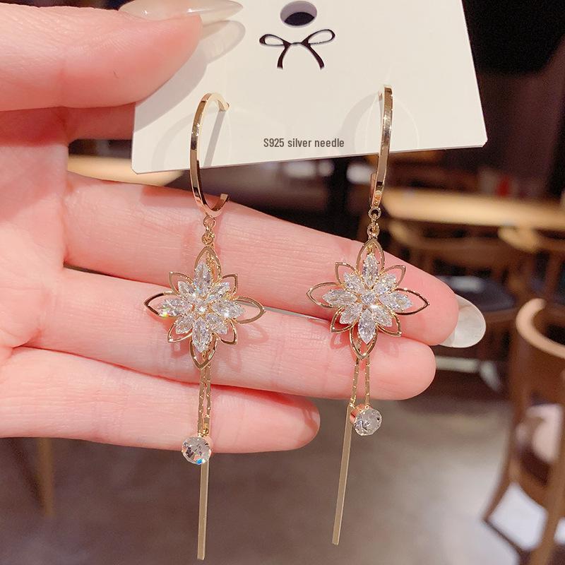 Zircon Flower Tassel Earrings, Korean Style, S925 Silver Needle, Slim Face Design