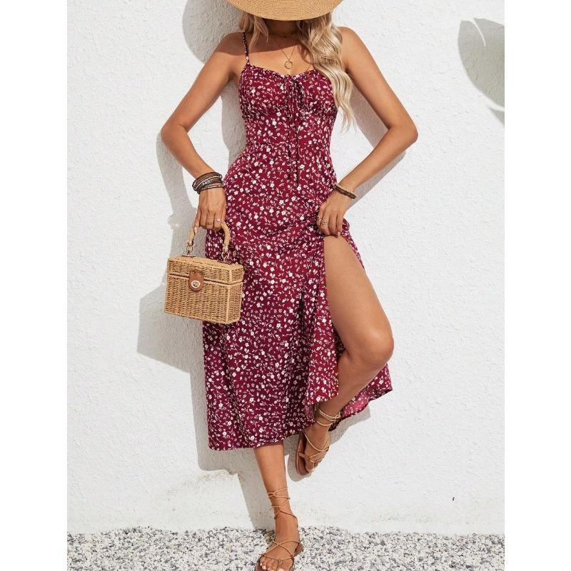 Women Floral Spaghetti Straps Waist Tie Split Dresses