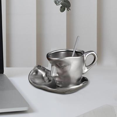 Ceramic Coffee Mug with Saucer and Spoon Set Tea Cup 3D Human Face 260ml Espresso for Home