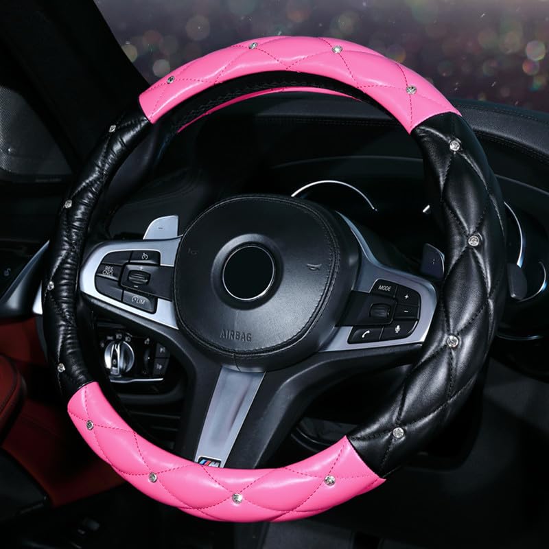 Crystal Diamond Leather Steering Wheel Cover with Bling Crystal Rhinestone Universal Fit Car Steering