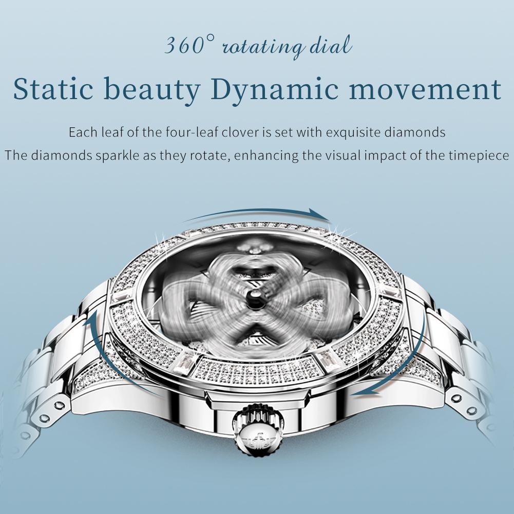 OUPINKE Woman Watch Diamond Dial Swiss Quartz Ladies Wristwatch Ceramic Steel 50M Waterproof Four Leaf Clover Clock Reloj