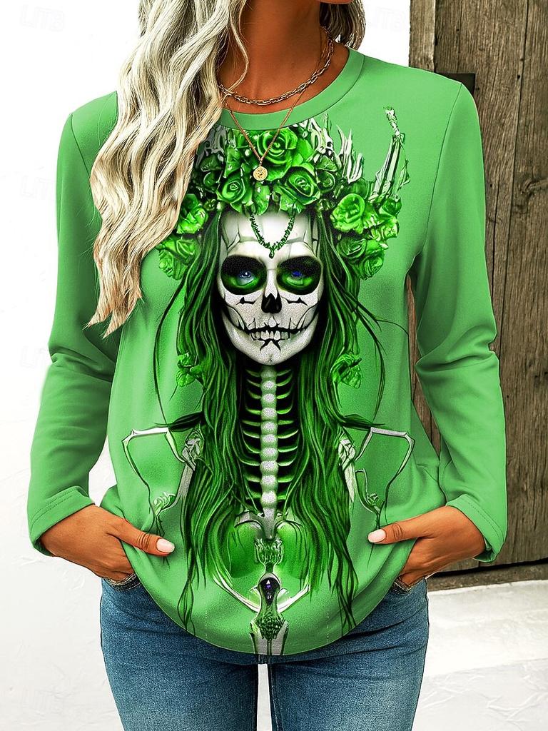 Retro Women Long Sleeve Tops Casual Graphic Floral Graphic Skull Tee Shirt Blouse Crewneck Fall Winter Streetwear Style Pullover