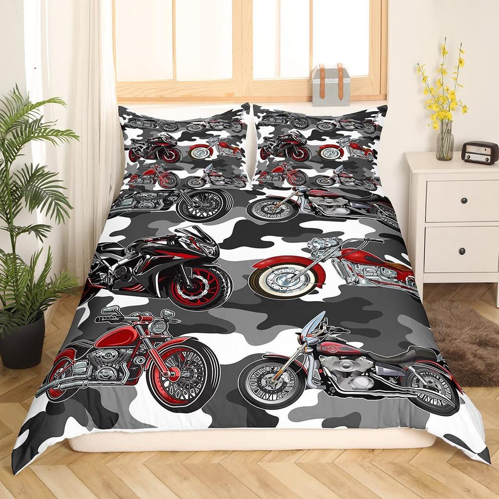 Motorcycle Duvet Cover Set for Boys Men Queen King Size Lightweight Down Room Decor 2 Pillowcases and 1 Duvet Cover No Comforter