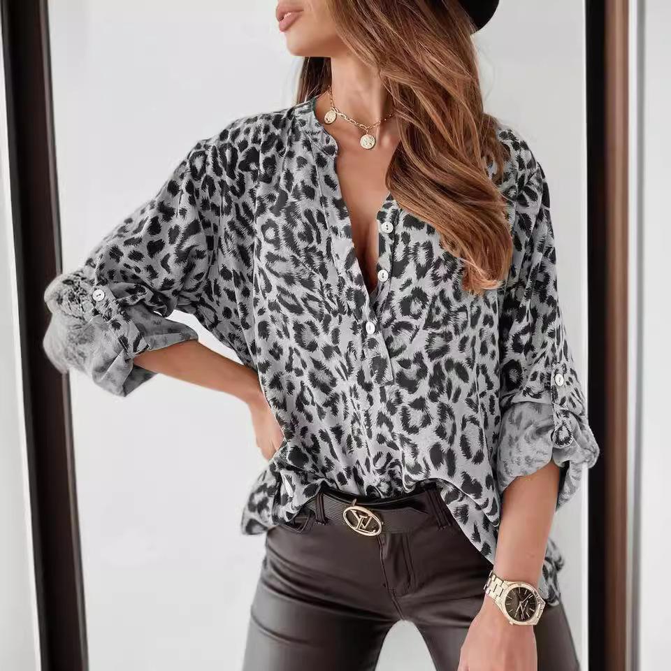 Fashion Leopard Print Women Top Digital Printing Long Sleeve Shirt Loose V Neck Pullover Blouse Bluzas Femeninas Elegantes