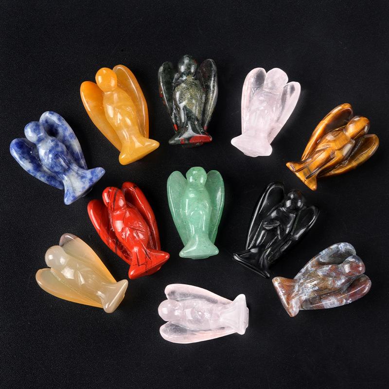 1" Small Natural Stone Guardian Angel Statue Amulet Healing Crystals Obsidian Tiger Eye Rose Quartz Carved Gemstone Decoration