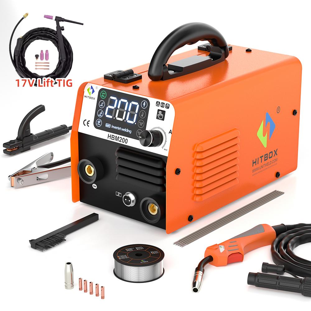HITBOX 3 in 1 Semi-automatic Welding Machine Non Gas MIG/LIFT TIG/MMA Inverter Welder Synergy Tool For Gasless Soldering HBM200