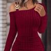 Women  Dress Knitted One Shoulder  Elastic Neck Solid Color Tight Waist Anti-shrink Long Sleeve Mini Sheath Dress Party