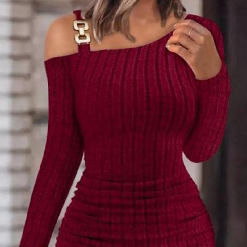 Women  Dress Knitted One Shoulder  Elastic Neck Solid Color Tight Waist Anti-shrink Long Sleeve Mini Sheath Dress Party