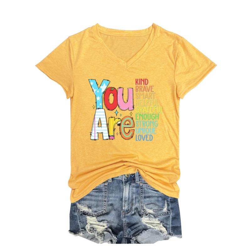 Summer V-neck Inspirational Text Printed Top Fashionable Casual Short Sleeved Women's T-shirts