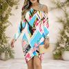 Women Plus Size Chain Strap Cold Shoulder Long Sleeve Printed Cross Hem Bodycon Dress