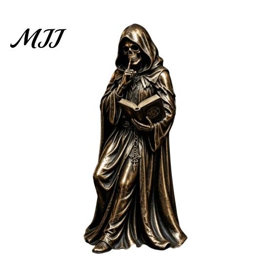 Unique Fantasy Collectible Gothic Hooded Reaper Reading Book Resin Statue, Mystical Wizard Skull Figurine Dark Scholarship Ornament Desktop Bookshelf S