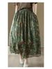 Summer 2023 Women's Vintage Floral Midi Skirt - Heavy Duty Cotton Linen, Flowy Design