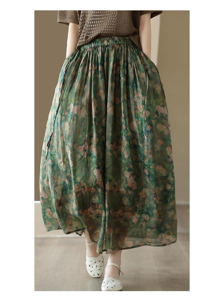 Summer 2023 Women's Vintage Floral Midi Skirt - Heavy Duty Cotton Linen, Flowy Design