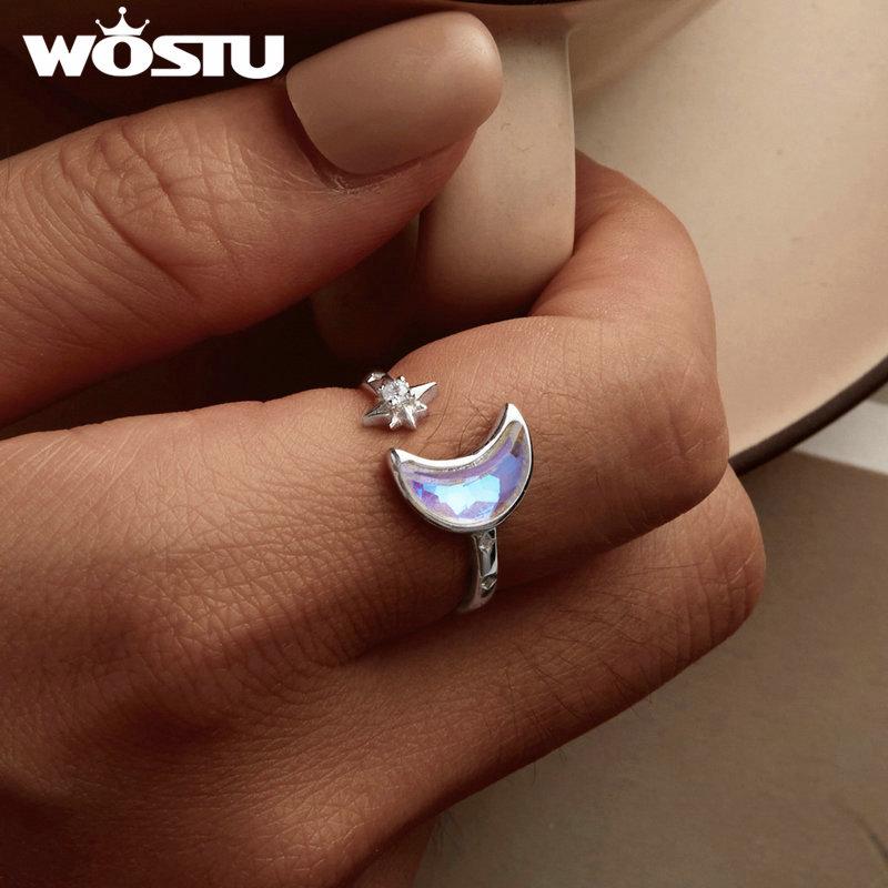 WOSTU 925 Sterling Silver Moon Star Open Ring For Women Rainbow Moonstone Zircon Adjustable Rings Lovely Party Jewelry Gift New