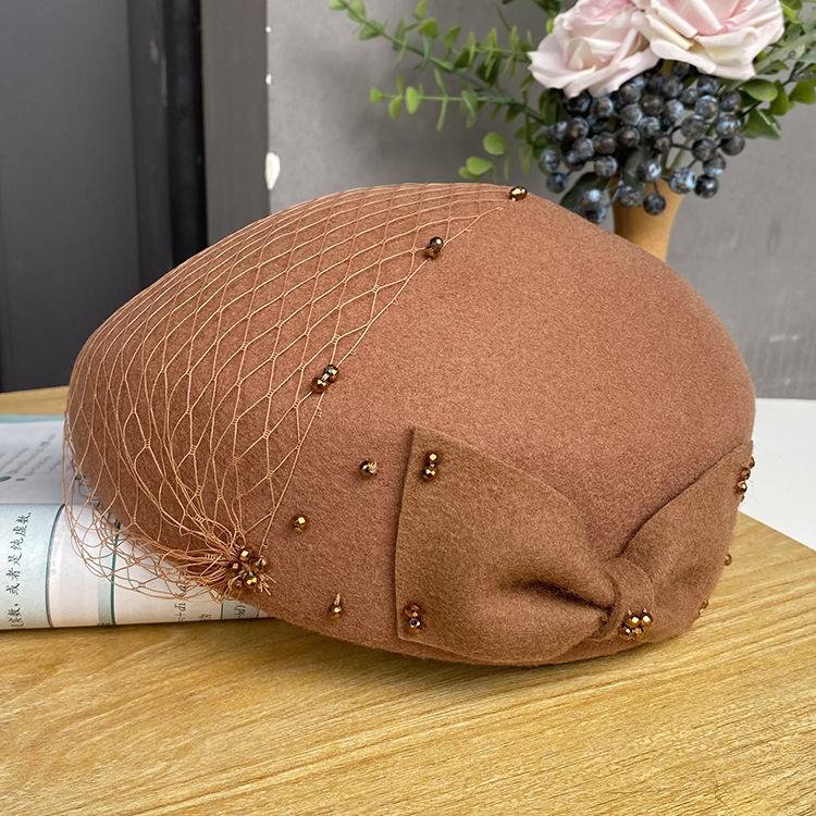 French British Retro Woolen Top Hat Autumn And Winter Bow Mesh Yarn Hat Styling Bud Hat Female Elegant Stewardess Hat