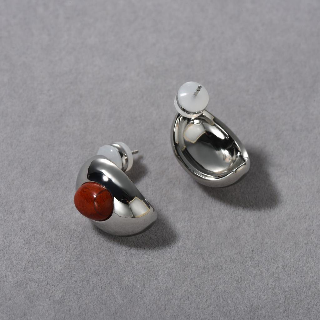 Premium Copper-Plated Platinum Inlaid With Natural Nanhongshi S925 Silver Needle Earrings Niche Fashion Simple Earrings