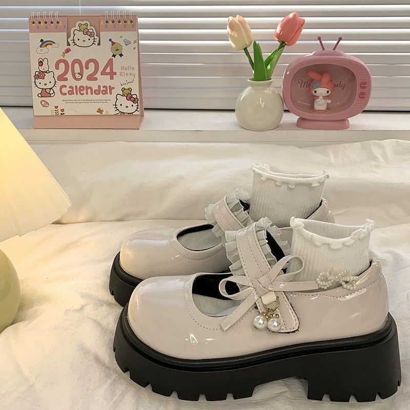Sweet Sister Bow Shallow Mouth Pearl Mary Jane Shoes Spring and Summer New Thick Sole Heightening Japanese Small Leather Shoes Women