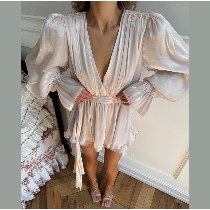 Women's V-neck Flared Sleeves Waist Cinched Fluttering Short Skirt with Ruffled Edges Short Dress for Casual Loose Spring Summer New Women's Clothing