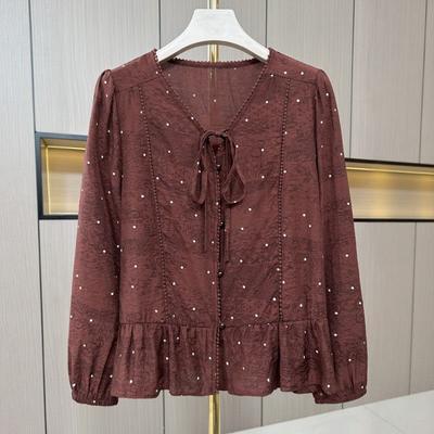 Chemise Fashion à Lacets et Col en V à Manches Longues pour Femme - Nouvelle Collection Automne - Haut Amincissant Imprimé Pois