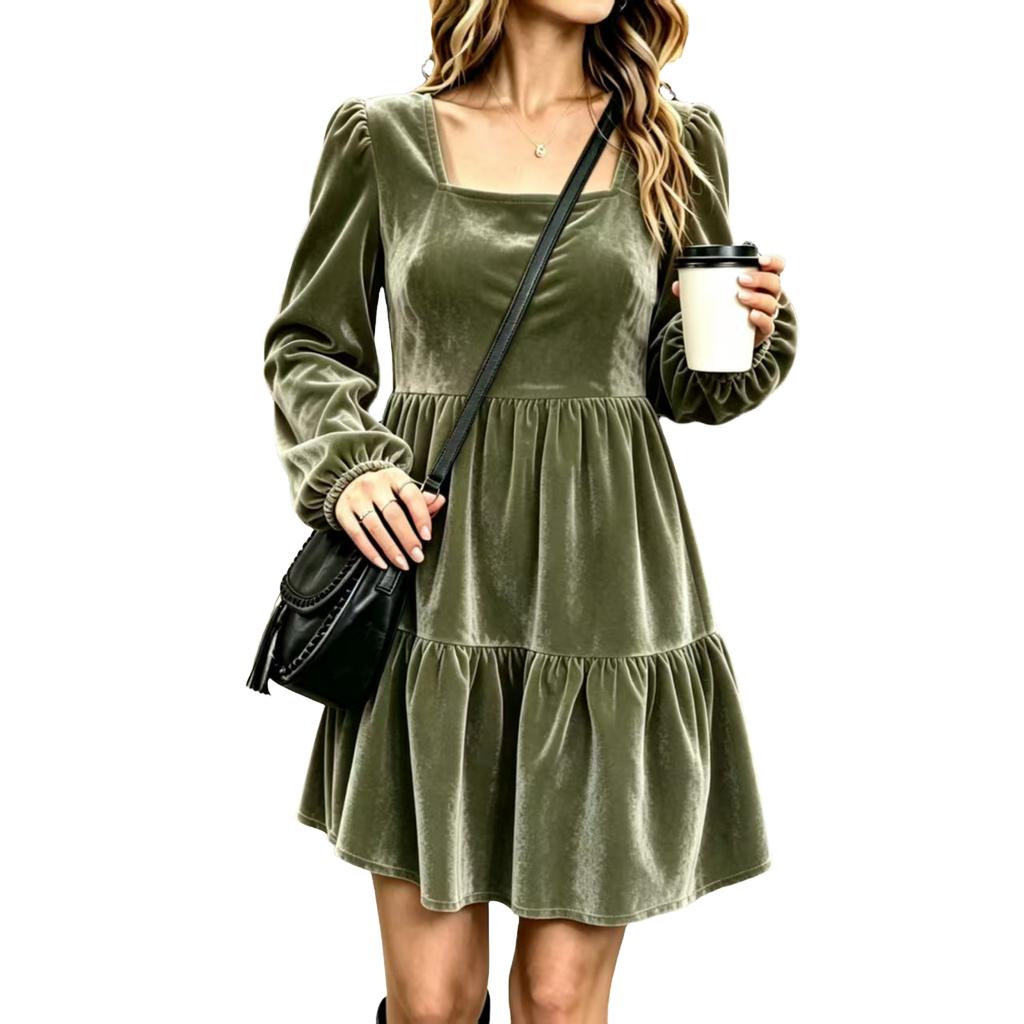 Women's Velvet Long Sleeve Square Neck Dress, Vintage Elegant for Fall and Winter