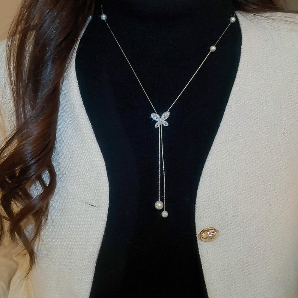 Metal Chain Butterfly Necklace Flower Tassel Collarbone Chain Simple Pearl Choker  Gift