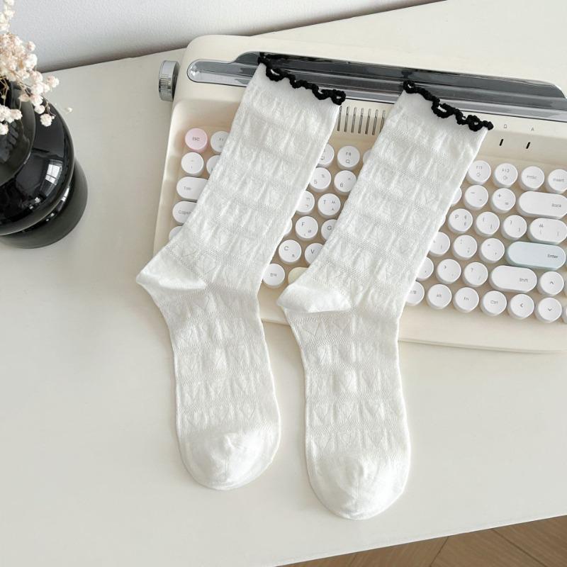 Women's Summer Socks with Mesh, Black Fungus Edges, Pile Socks, Lace Bows, Mid-calf Socks, Boneless Breathable Socks