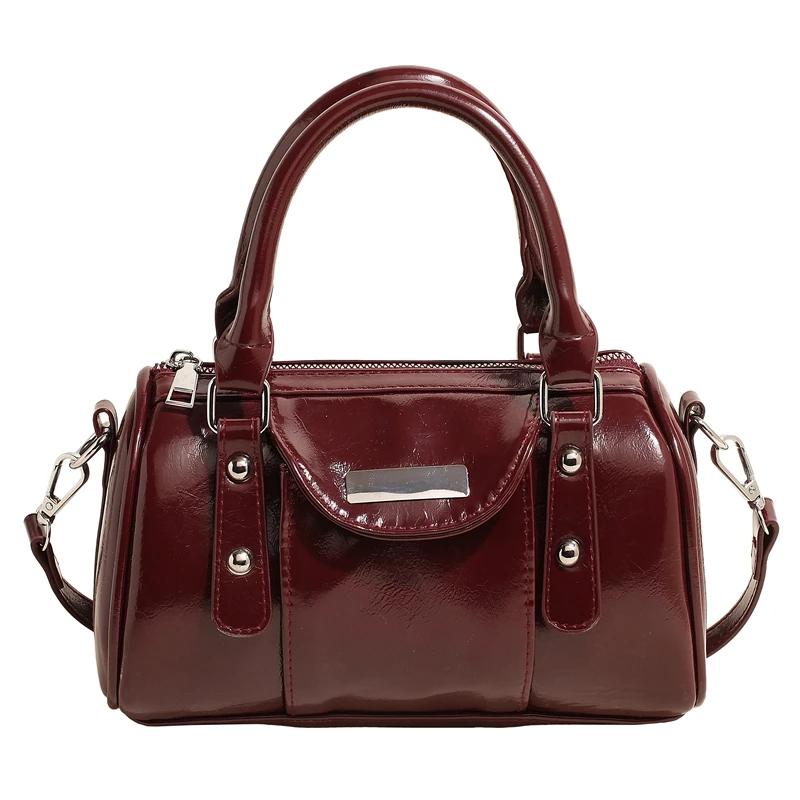 2026 Burgundy Mini Top-Handle Bag for Women Bright PU Leather Crossbody Purse Luxury Designer Shoulder Bag Handbag