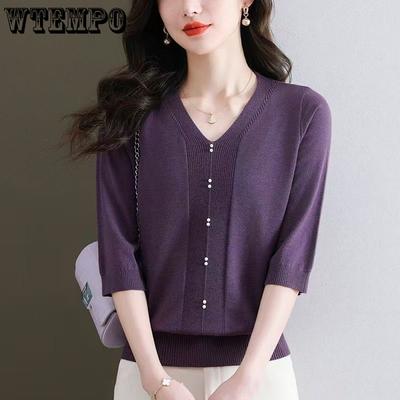 Spring/Summer Women's Knitted Shirt T-shirt Three-quarters Sleeve V-neck Ice Silk Mom's Loose Base Top
