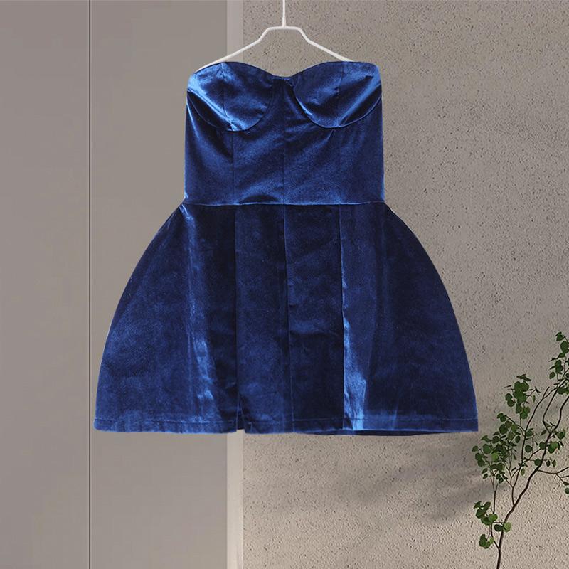 

Party Velvet Blue Pleated Dress Urban Backless Tube Corsetry-inspired Female Dress 2026 Elegant Lady High Streetwear New L синій