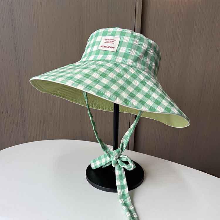 New ins plaid strappy bucket hat women's summer outdoor travel big brim double-sided sun protection visor hat