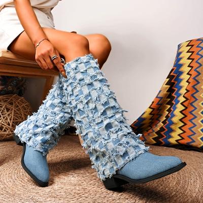 Fashion Autumn Denim Square Heel Boots Women Knee High Pointer Toe Heels Shoes Woman Trend Chelsea Boots Mujer Gladiator Botas