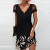 V Neck Short Sleeve Casual Dress for Women with Wave Print Lace Panel Positioning Design