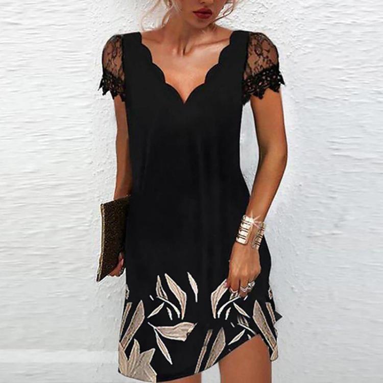 V Neck Short Sleeve Casual Dress for Women with Wave Print Lace Panel Positioning Design