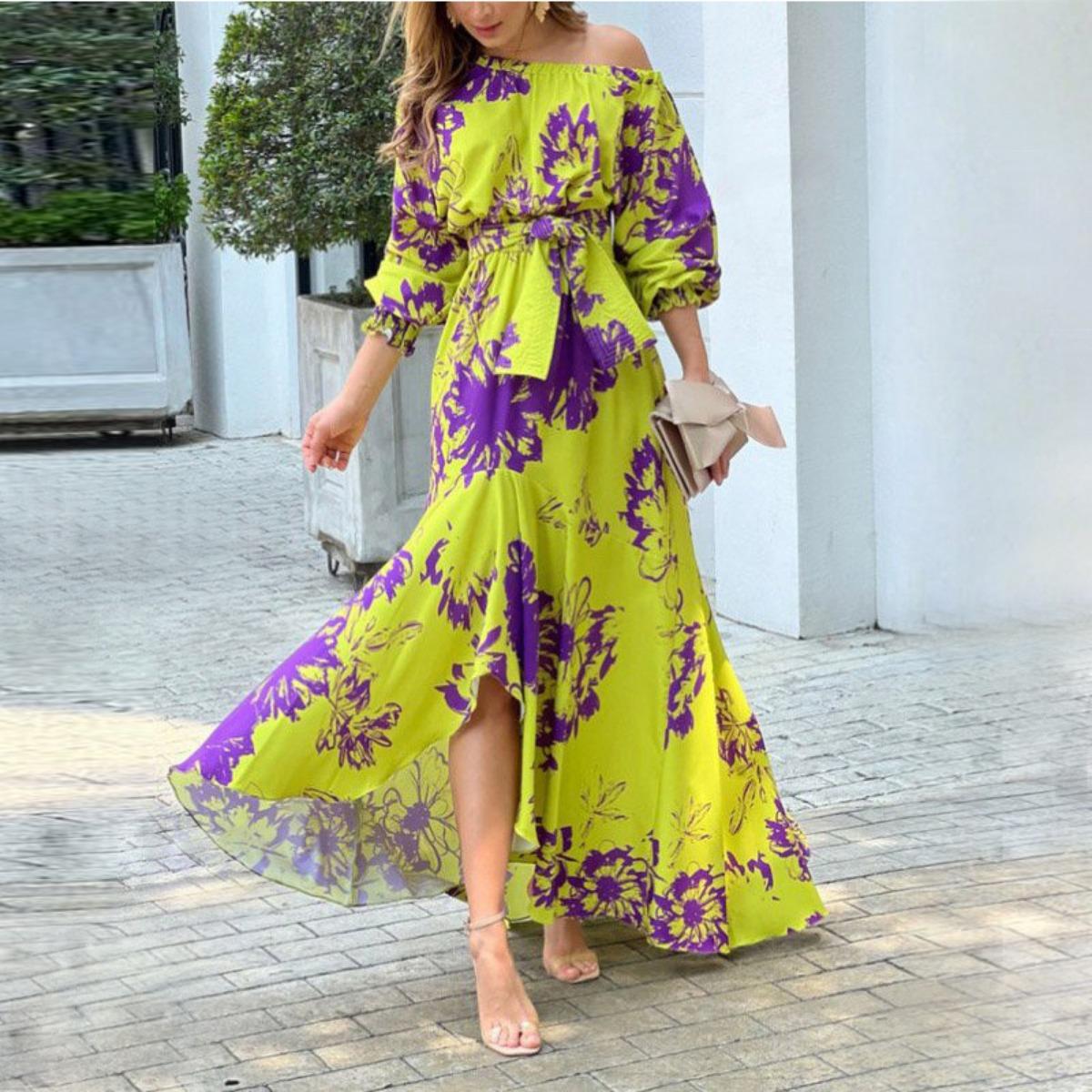 

Spring New Arrival Dress, Women s Fashion Casual Color Block Print Patchwork Waist Cinched Dress, European American Style Crossborder Women s Clothing M