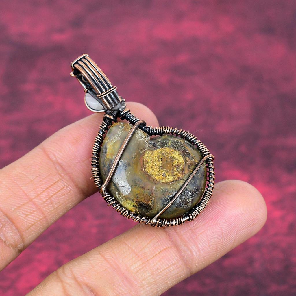 Tree Of Life Ammonite Fossil Pendant Copper Wire Wrapped Rainbow Moonstone Jewelry