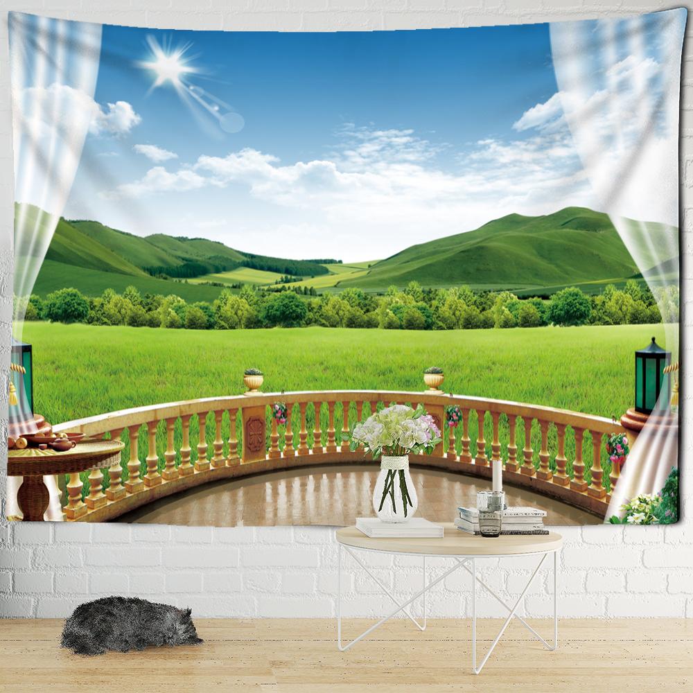 Sonnenuntergang am Meer Fenster Landschaft Malerei Wandteppich Hängen Boho Hippie Kunst Tapiz Ästhetik Room Decor