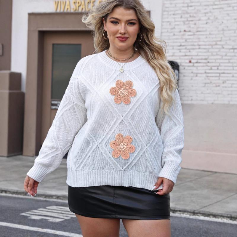 

Women s Rhombus Jacquard Wool Flower Embroidery Beading Loose Casual Pullover Sweater L абрикосовий